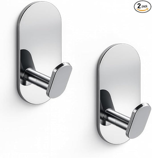 Adhesive Towel Hooks for Bathrooms 2 Pack Polished Chrome Stainless Steel and Zinc Alloy Sticky Wall Hooks for Hanging Heavy Duty Self Adhesive Robe Shower Hanger for Kitchen, Closet, Cabinet, Door
