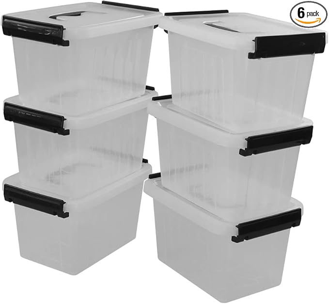 Bringer 3 Quart 6-Pack Clear Plastic Storage Boxes, Latch Box with Black Handle-NeatNest