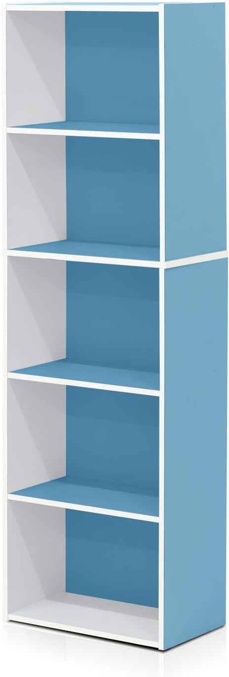 Furinno Luder Bookcase / Book / Storage , 5-Tier, White / Light Blue-NeatNest