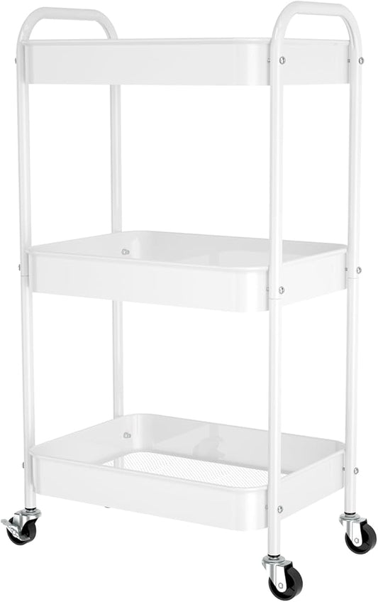 3-Tier Rolling Metal Storage Cart with Wheels, Multi-Functional Organizer for Office, Kitchen, Bathroom, Books Diapers - Easy Assembly (White)-NeatNest