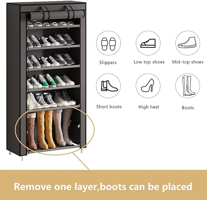 Calmootey 7 Tier Shoe Rack Organizer,Portable Shoe Shelf with Nonwoven Fabric Cover for Closet Hallway,Bedroom,Entryway,Grey-NeatNest