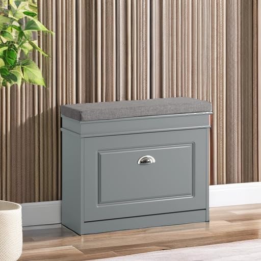 Haotian Grey Hallway Shoe Bench, Narrow Shoe Rack with Adjustable Shelf, Small Shoe Cabinet with 1 Flip-Drawer and Seat Cushion, FSR82-K-HG-NeatNest