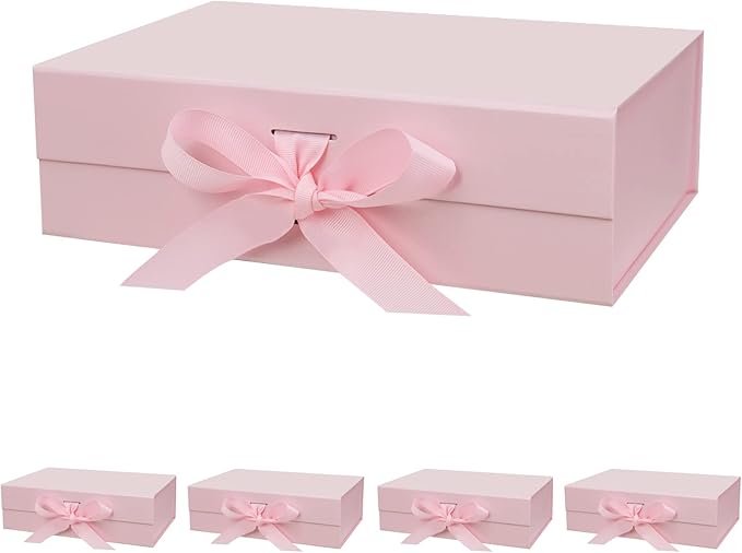 5 Pack 10.5"X7.5"X3.1" Pink Magnetic Gift Box with Lid and Ribbon for Presents-NeatNest
