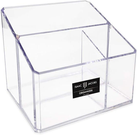 Isaac Jacobs Clear Acrylic 3-Compartment Organizer, Remote Holder & Multi-Functional Makeup, Brush, Pen & Pencil Storage Solution, for The Home, Bathroom, Office, Child’s Desk (3-Section, Clear)-NeatNest
