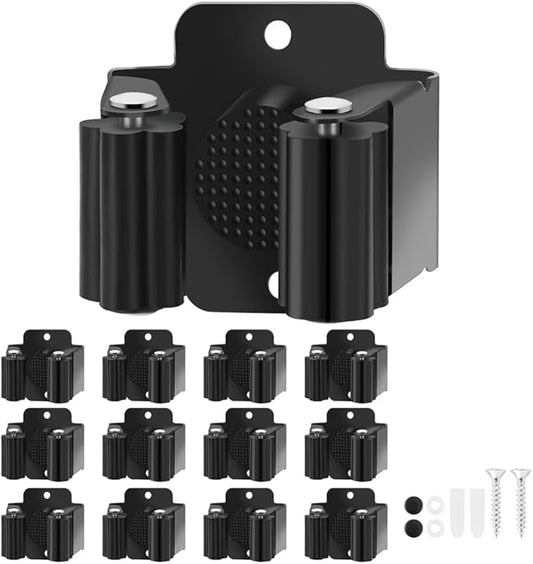 Broom Holder Wall Mount, 12PCS Broom Hanger Wall Mount, Stainless Steel Heavy Duty Mop Holder Broom Mop Hanger Wall with Screws, Garden Outdoor Tool Organizer Rack Broom Hanger (Black)-NeatNest