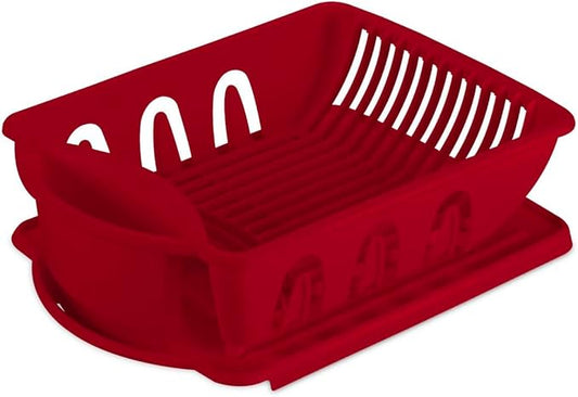 Tribello Sink Dish Drying Rack, Heavy Duty Hard Plastic Sink Set with Drainer (Red)