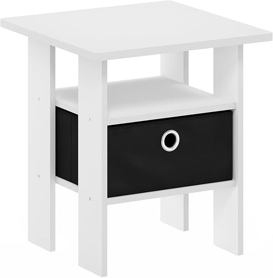 Furinno Andrey End Table Nightstand with Bin Drawer, White/Black