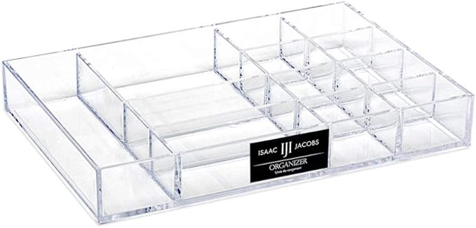 Isaac Jacobs 12-Compartment Clear Acrylic Drawer Organizer (9.4" L x 6.4" W x 1.3" H), Multi-Sectional Tray & Storage Solution for Makeup, School & Office Supplies, Bathroom, Kitchen-NeatNest