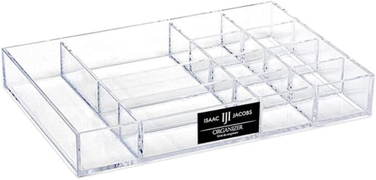 Isaac Jacobs 12-Compartment Clear Acrylic Drawer Organizer (9.4" L x 6.4" W x 1.3" H), Multi-Sectional Tray & Storage Solution for Makeup, School & Office Supplies, Bathroom, Kitchen-NeatNest