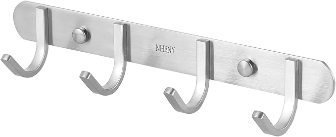 Coat hook Wall Mount - NHENY Towel hook Rack with 4 Hooks 11-inch hanger for Hanging Clothes, Bags, Keys, Easy to Install Rail for Bedroom, Bathroom, Entryway, Door, 304 Stainless Steel Brushed Nickel-NeatNest