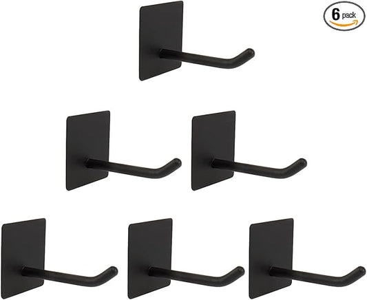 Bath Towel Hooks - 6 Pack Long Self Adhesive Coat/Clothes Hooks, No Drilling Strong Sticky Hooks, Heavy Duty 304 Stainless Steel Shower Wall Hook for Bathroom Kitchen Bedroom(Matte Black)