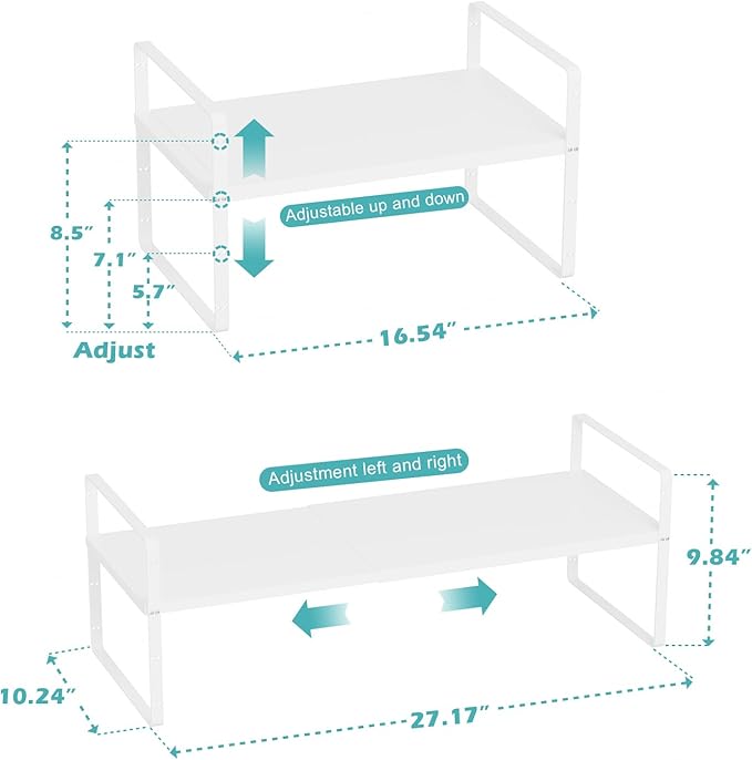 Cabinet Organizer Shelves,Adjustable Height Stackable Spice Racks for Cabinet,Pantry,Counter,Cupboard - 2 Packs of Kitchen Under Sink Expandable Storage Shelves,D:10.24" x W:16.5"-27.2",White