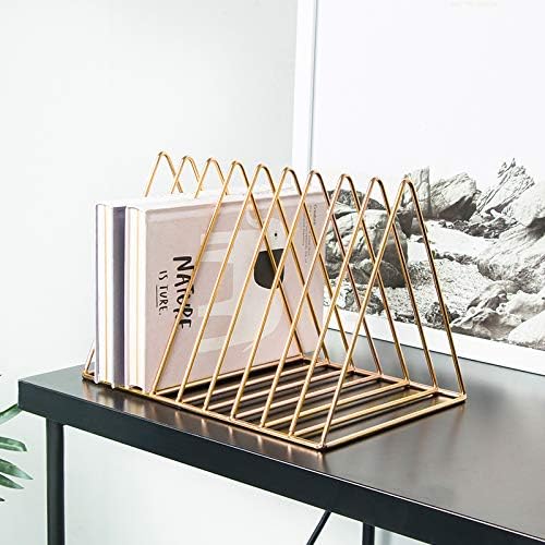 Gold Metal Vinyl Record Holder,Vertical Record Player Holder,File Organizer for Desk,Desktop File Sorters,Paper Organizer and Record Holder Stand,Triangle Upright 9 Lattice Vinyl Rack Stand,1Pack