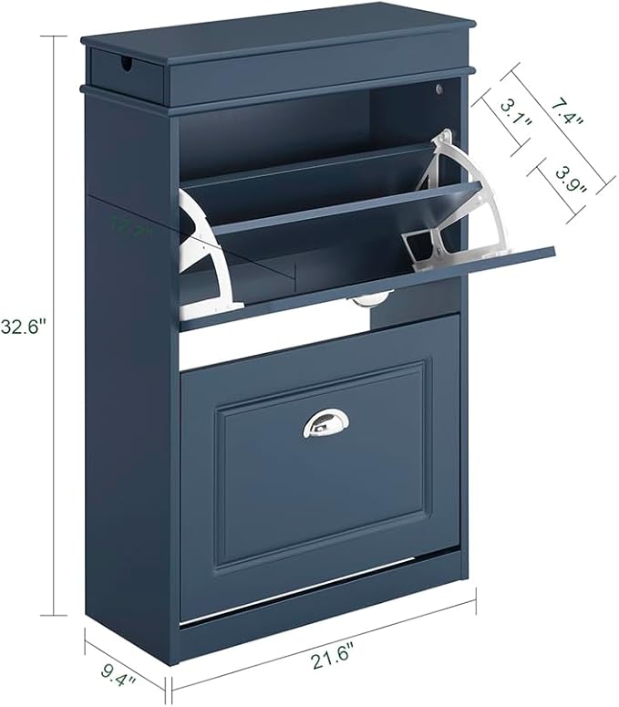 SoBuy Slim Shoe Cabinet, Shoe Rack with Doors, Shoe Storage Cupboard Organizer Unit for Entryway 2 Flip-Drawers, Hallway and Bedroom Navy FSR78-B (9.4" D x 21.3" W x 32.7" H)-NeatNest