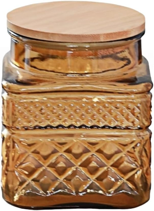 ANSQU Square Glass Jar, 37 Fl oz Candy Jar with Lid, Glass Food Storage Containers for Ground Coffee, Tea, Sugar, Decorative Mason Jar (Yellow)