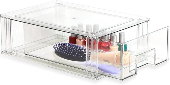 Isaac Jacobs Stackable Organizer Drawer Set (1 Medium, 1 Large), Clear Plastic Storage Boxes, Pull-Out Bins, Home, Office, Closet, Shoes, BPA-Free, Food/Fridge/Freezer Safe (1 Medium, 1 Large)