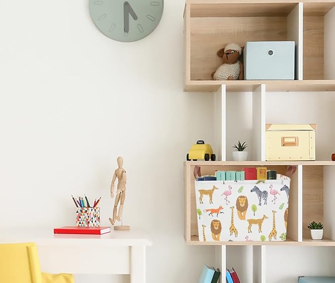 CLOCOR Rectangular Storage Basket,Collapsible Woodland Jungle Forest Printed Storage Bin,Rectangular Waterproof Gift Box with Handles,Playroom Decor(Jungle Animals)-NeatNest