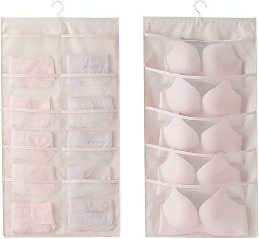 Enlarged Closet Hanging Bra Organizer with Rotating Metal Hanger, Dual Sided Wall Shelf Wardrobe Mesh Pockets Hanging Storage Bag for Bra Socks Underwear Underpants-NeatNest