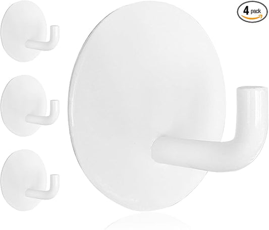 Adhesive Hooks Heavy Duty Waterproof in Shower Hooks for Hanging Loofah, Towels, Clothes for Bathroom Removable Adhesive Wall Hooks Door Hook Stainless Steel Stick on Hooks 4 Pcs (White)