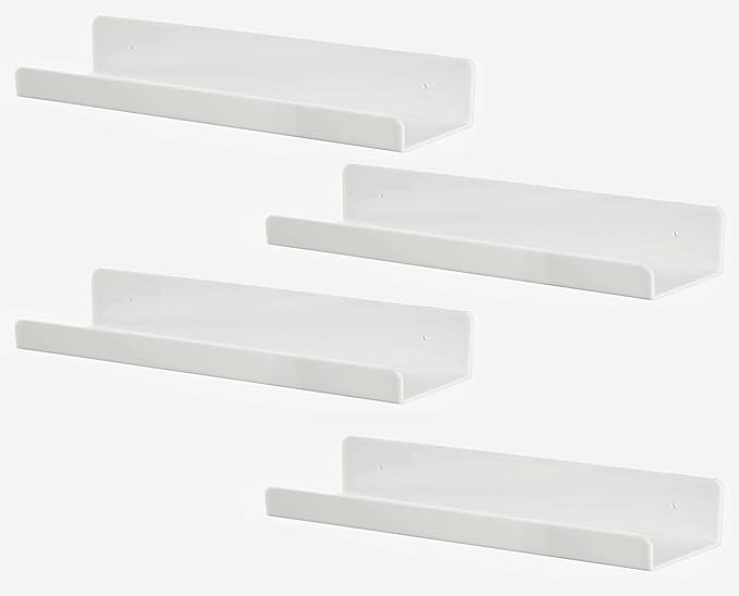 4 PCS White Acrylic Floating Shelves Display Ledge,Wall Mounted Nursery Kids Bookshelf,5mm Thick U Shelf 15 Inch Bathroom Wall Shelf and Storage Rack-NeatNest