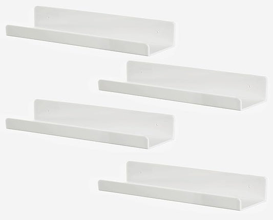 4 PCS White Acrylic Floating Shelves Display Ledge,Wall Mounted Nursery Kids Bookshelf,5mm Thick U Shelf 15 Inch Bathroom Wall Shelf and Storage Rack-NeatNest