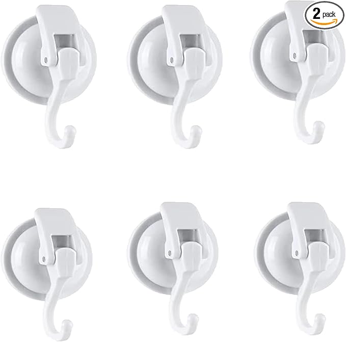Heavy Duty Suction Cup Hooks for Shower, Bathroom Robe - Vacuum Glass Hooks, Reusable, No Hole Punched, for Garland Decoration (White, 6 Pack)