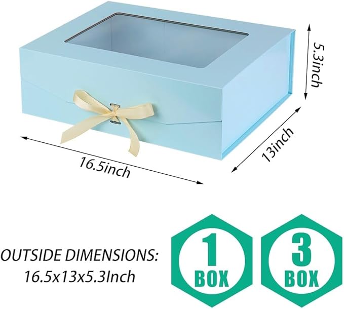 3 Pcs Blue Extra Large Gift Box for Presents with Ribbon 16.5x13x5.3 Inches Clear Gift Box with Window Magnetic Closure Gift Boxes with Lids-NeatNest