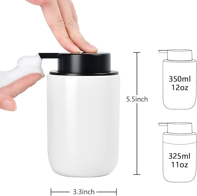 BosilunLife Foaming Soap Dispenser Set - White Ceramic Foam Hand Dispenser 12oz Soap Dispenser Set with Rust Proof Pump, 4Pcs Clear Stickers for Kitchen, Bathroom - 2 Pack-NeatNest