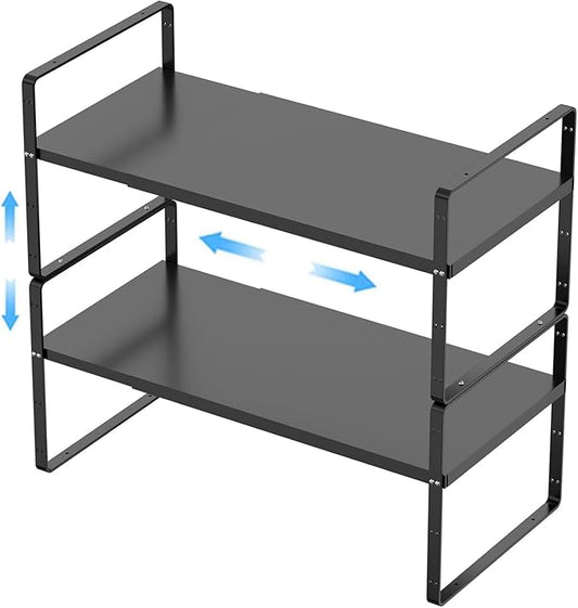 Expandable Kitchen Cabinet Shelf Organizers 2 Pack, Stackable Metal Pantry Storage Shelves Rack, Adjustable Counter Shelf for Cabinets, Countertop, Cupboard Organizers and Storage, Black-NeatNest