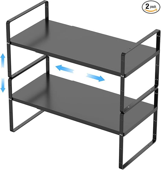 Expandable Kitchen Cabinet Shelf Organizers 2 Pack, Stackable Metal Pantry Storage Shelves Rack, Adjustable Counter Shelf for Cabinets, Countertop, Cupboard Organizers and Storage, Black-NeatNest