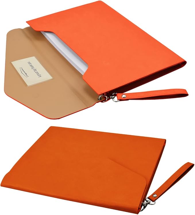 Enyuwlcm PU A4 Leather File Folder Document Holder Folder Stylish Portfolio Envelope Case with Strap and Invisible Magnetic Closure (Orange)