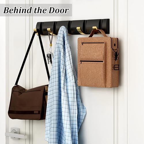 Coat Rack Wall Mounted with 5 Folding Hooks, 15.8 Inch Space Saving Wall Coat Hook, Black Gold Towel Hooks for Bathroom, Bedroom, Entryway, Hats, Scarves, Umbrella and Keys-NeatNest