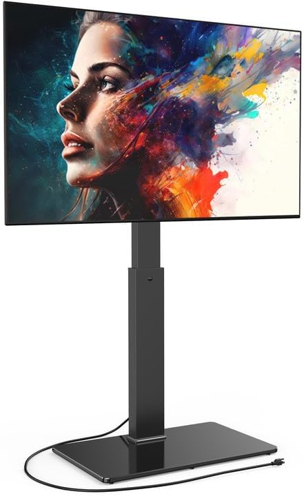 FITUEYES Floor TV Stand for 32-75 inch TV with Power Outlet, Tall TV Stand for Bedroom Living Room with Tempered Glass Base, Floor TV Mount Holds Up to 88lbs MAX VESA 600x400mm,Black-NeatNest