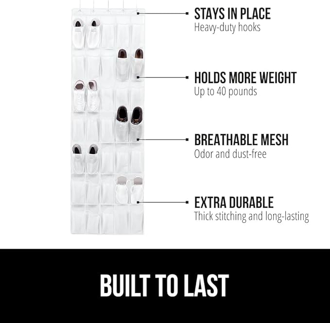 GORILLA GRIP Over the Door Shoe Organizer, 35 Large Breathable Mesh Pockets, Space Saving Hanging Storage Holder, 5 Hook Closet Rack Hanger, Hangs on Closets for Shoes, Accessories 68.5H x 24.5W White-NeatNest