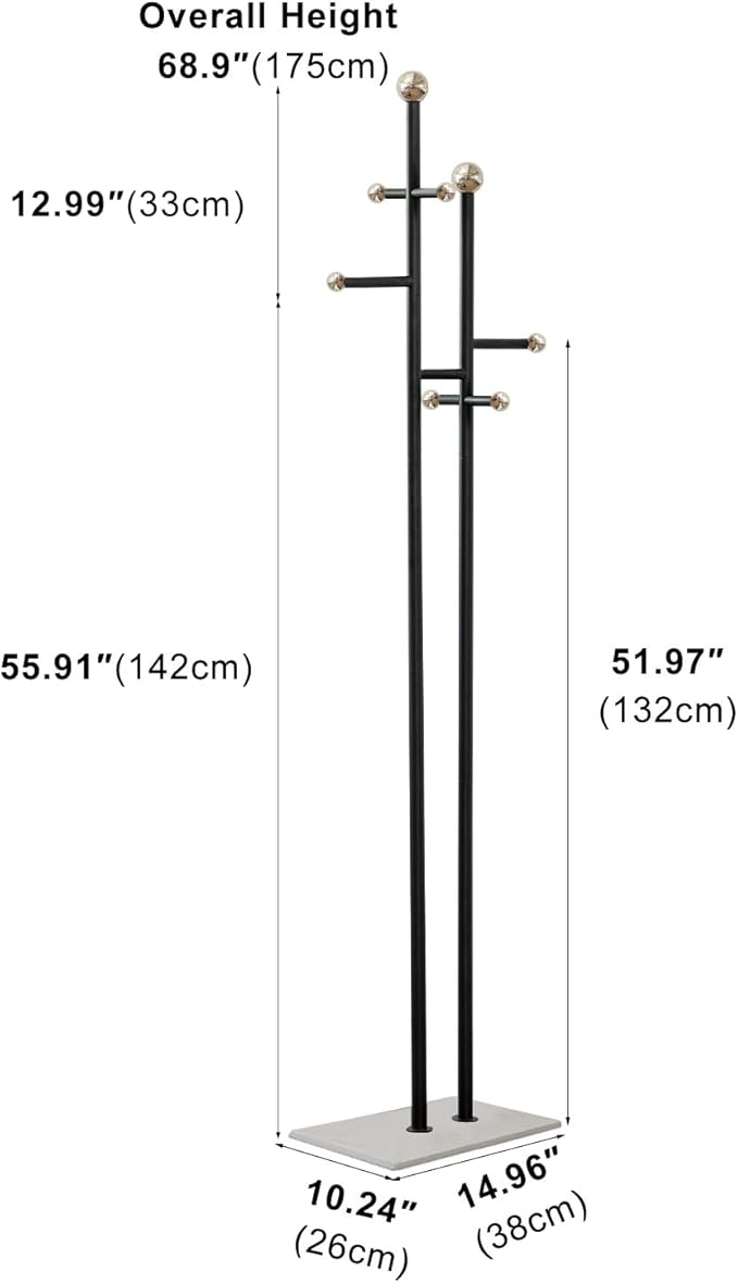 Coat Rack Freestanding with Marble Base Sturdy Coat Tree Heavy Duty Clothes Rack for Entryway Bedroom Living Room Hotel 14.96 x 10.24 x 68.9 Inches (Black)-NeatNest