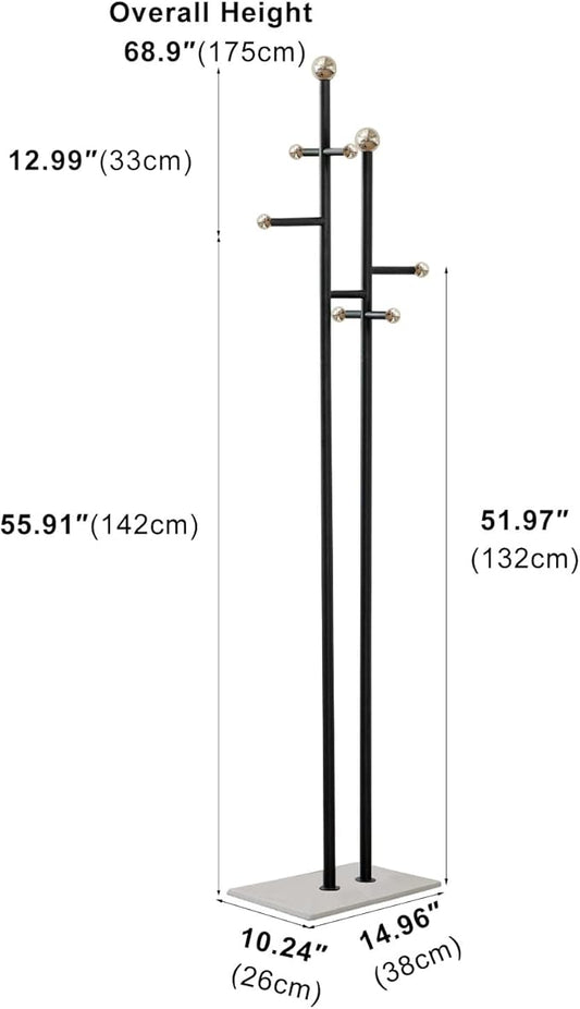 Coat Rack Freestanding with Marble Base Sturdy Coat Tree Heavy Duty Clothes Rack for Entryway Bedroom Living Room Hotel 14.96 x 10.24 x 68.9 Inches (Black)-NeatNest