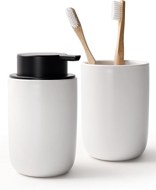 Bosilunlife Soap Dispenser and Toothbrush Holder Set - 11Oz Foam Soap Dispenser Pump Ceramic Bathroom Counter Soap Toothbrush Holder Set White Bathroom Accessories Set-NeatNest