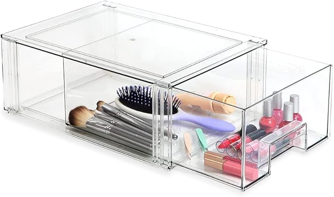 Isaac Jacobs Large Stackable Organizer Drawer (13.5” x 9.9” x 5.4”), Clear Plastic Storage Box, Pull-Out Bin, Home, Office, Closet & Shoe Organization, BPA-Free, Food/Fridge/Freezer Safe (Large)