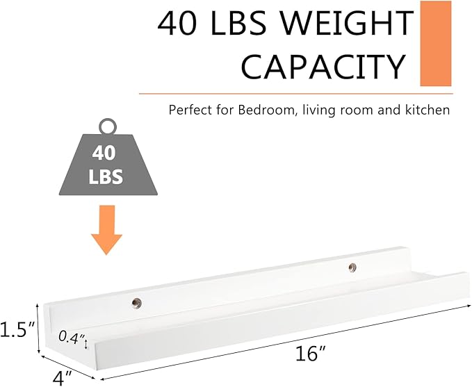 16 Inch Floating Shelves Wall Mounted, Solid Wood Wall Shelves for Decor and Storage, Picture Ledge Shelf for Bedroom/Bathroom/Living Room/Kitchen/Laundry Room, White Color,16*4*1.5, 1 Pack-NeatNest