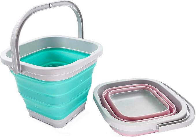 SAMMART Collapsible Rectangular Cleaning Bucket 5L (1.3 Gallon)- Foldable Camping Beach Sand Water Pot Pail- Portable Space Saving Tub for Household, Outdoor Car Washing (Pale Pink + Pine (Set of 2))-NeatNest