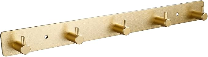 Gold 5 Wall Hooks, Brushed Gold Bathroom Hook Rail, Self Adhesive 5 Hooks Key Hook Rack Hanger Towel Robe Stick Hooks for Toilet Entryway Hallway Kitchen Wall Mounted