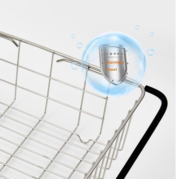 Stainless Steel Sink Strainer Drain, Telescopic Drain Basket with Adjustable Armrest, Kitchen Rack Drain Basket, Over The Sink Dish Drying Rack,Deep and Large- Rustproof