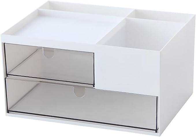 Desk Drawer Organizer, Desk Storage Box with 2 Drawers and 4 Compartments, Multifunctional Desk Accessories & Countertop Organizers for Office School Home (White-NeatNest