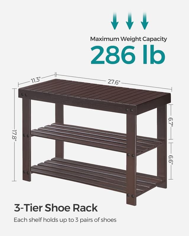 SONGMICS Shoe Rack Bench, 3-Tier Bamboo Shoe Storage Organizer, Entryway Bench, Holds Up to 286 lb, 11.3 x 27.6 x 17.8 Inches, for Entryway Bathroom Bedroom, Brown ULBS04Z-NeatNest