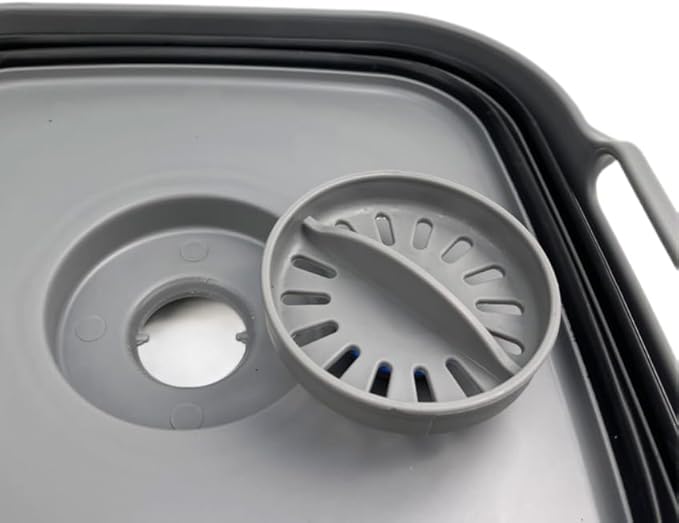SAMMART 10L (2.64 Gallon) Collapsible Dishpan with Draining Plug-Foldable Washing Basin-Portable Dish Washing Tub-Space Saving Kitchen Storage Tray for Camping & RV (1, Grey/Black)