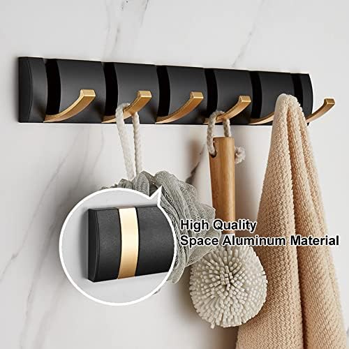 Coat Rack Wall Mount with 6 Hooks, 19.1 Inch Black Gold Modern Folding Coat Hook for Bathroom, Space Saving Towel Hooks for Hanging Coats, Hats, Scarves, Umbrella, and Keys-NeatNest