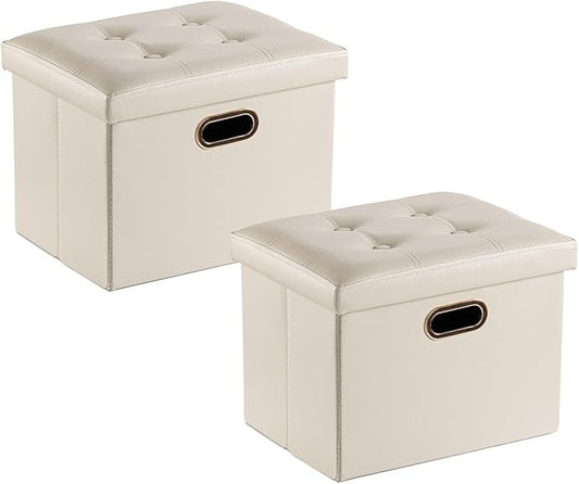2 Pack Folding Storage Ottoman, 16 inch PU Leather Small Ottoman with Storage Foldable, Set of 2 Faux Leather Foot Stool Support 260lbs for Living Room, Bedroom, Hallway, Cream