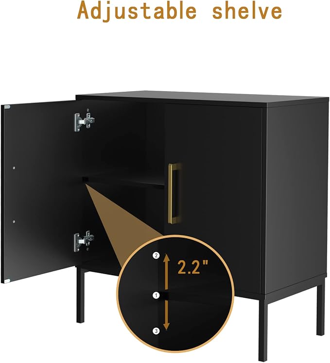 JOZZBY Buffet Sideboard Cabinet with Storage, Modern Wooden Cabinet with Adjustable Shelves, Black and Gold Cabinets for Living Room, Kitchen, Hallway