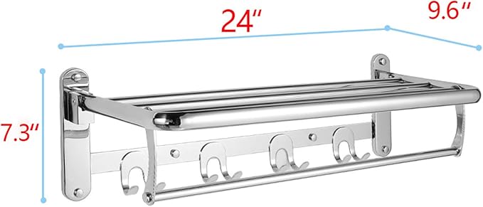 HOONEX Foldable Towel Rack for Bathroom Wall Mounted, 24 Inch Towel Shelf with Towel Hooks and Adjustable Towel Bar, 304 Stainless Towel Holder, Polished Silver