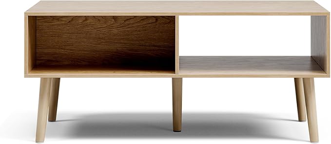 Coffee Table with Storage, Boho Dining Table with Fluted Drawer and Solid Wood Legs, Small Coffee Tables for Living Room, Oak-NeatNest